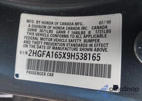 2009 Honda Civic Lx из США, поврежденный, VIN 2HGFA165X9H538165